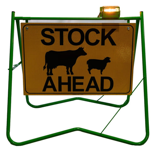 FarmBase Class 1 Reflective Stock Ahead Sign in Freestanding Lightweight Steel Frame with Portable LED Beacon & Lockbox